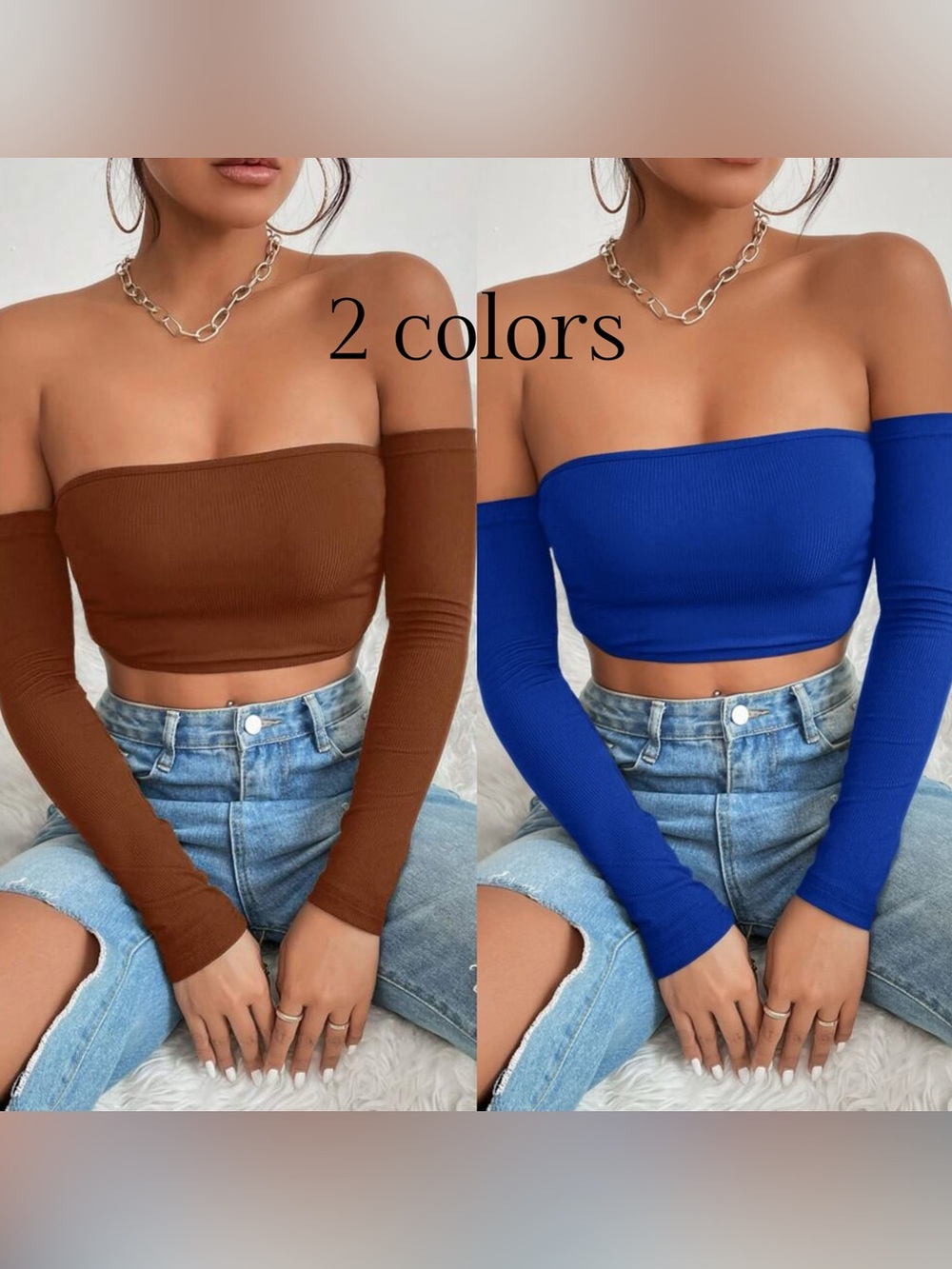 . SHEIN Blue & Brown Long Sleeve Off The Shoulder Ribbed Crop Top Set Size XXS